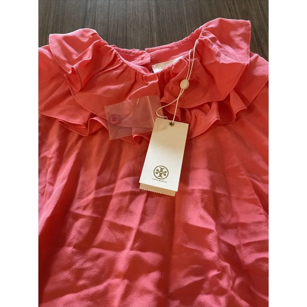 Tory‎ Burch Ruffle Blouse Size 0 All Silk Vivid Pink 650